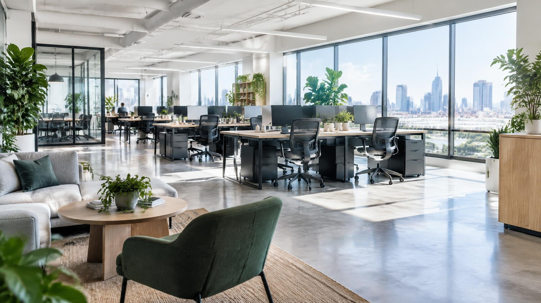 Wide shot of a modern bright office interior