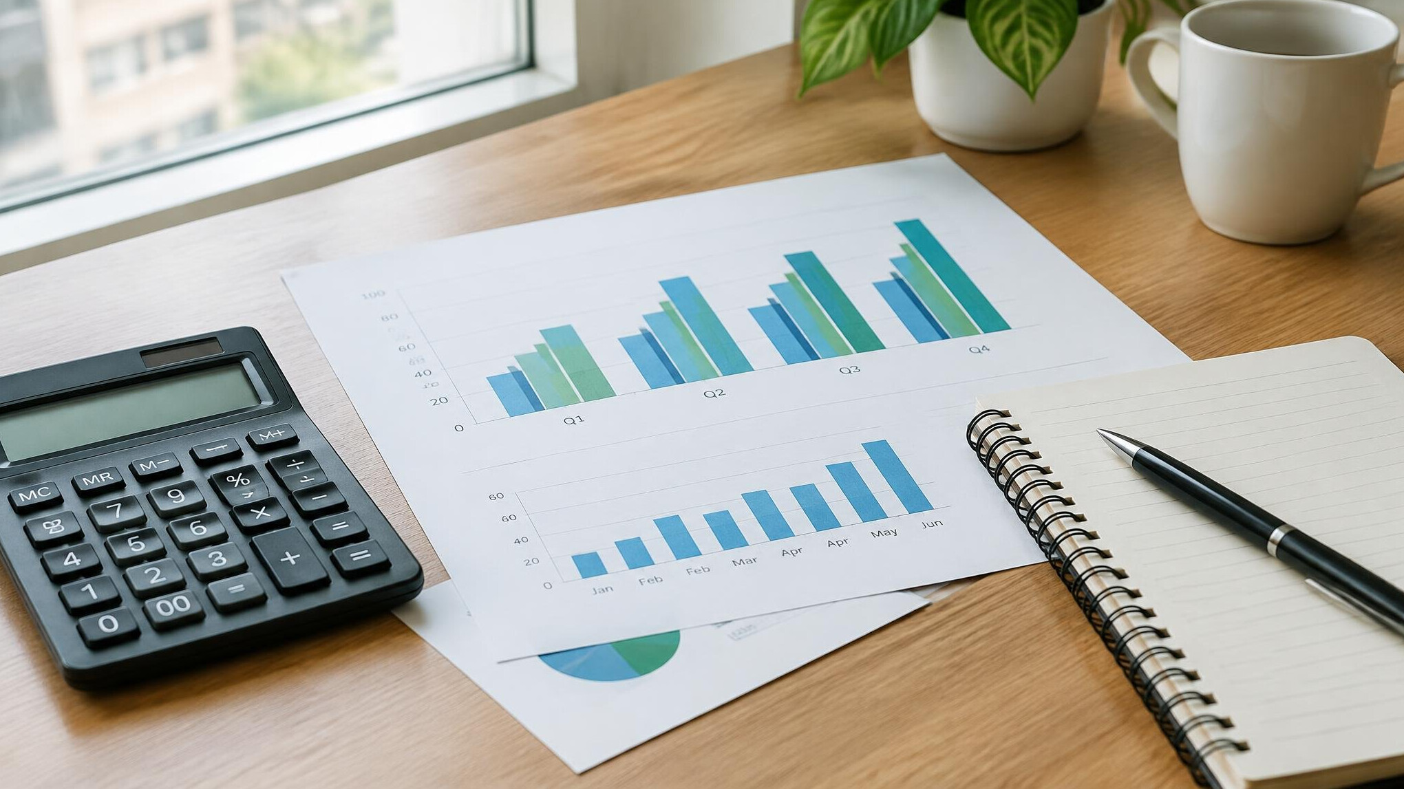 Desk with a calculator, printed charts and a notebook