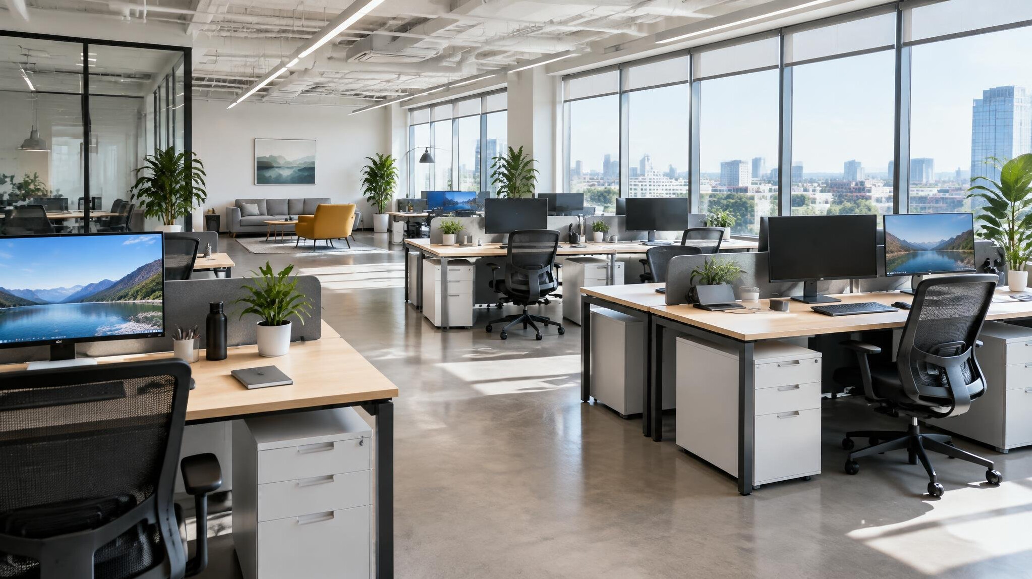 Open-plan office workspace with desks and computer monitors