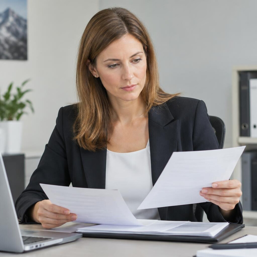 Professional woman reviewing documents at her desk