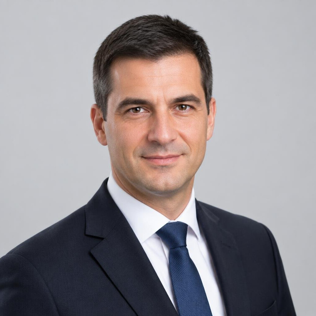 Studio portrait of a professional man with short hair and a suit
