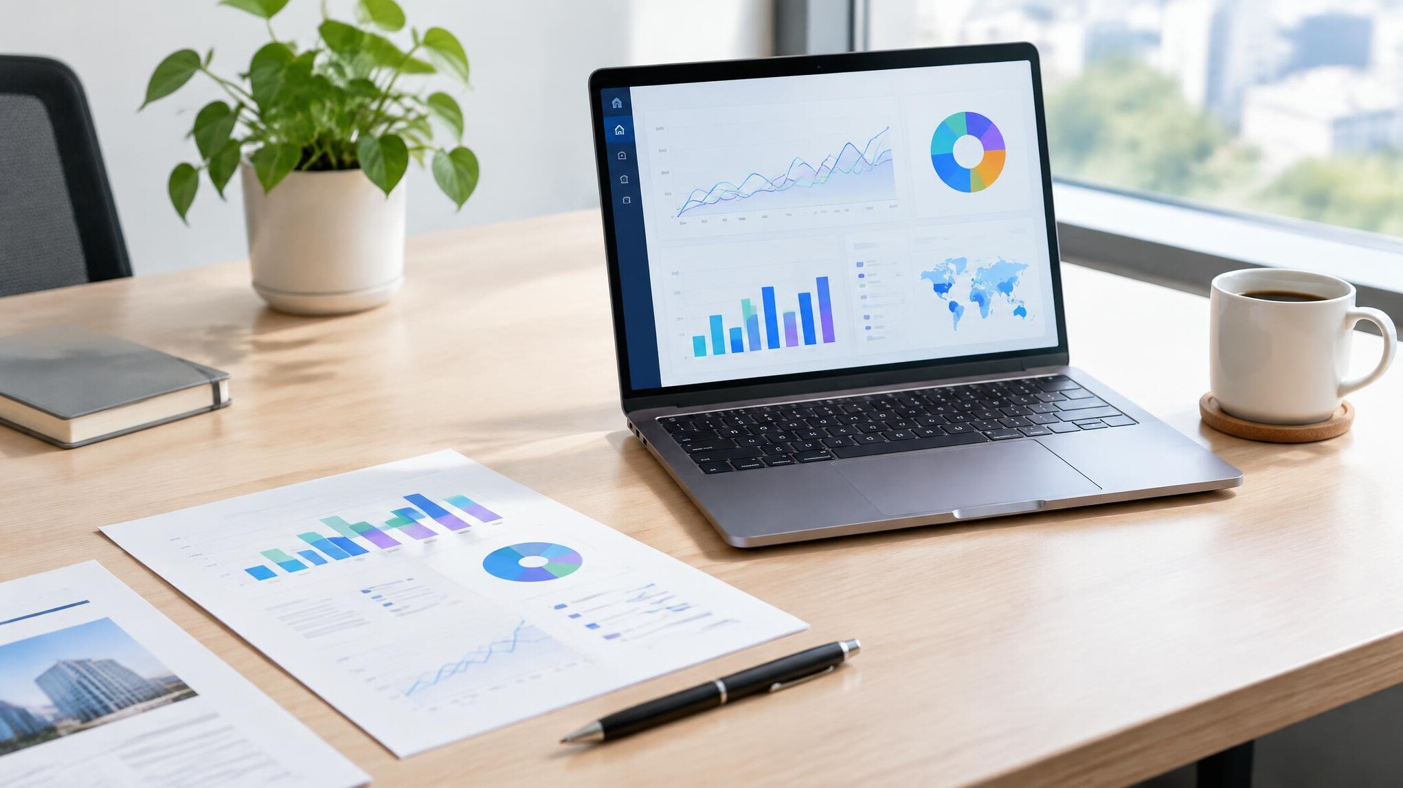 Insurance professional working on a laptop with analytics charts on the screen at an office desk