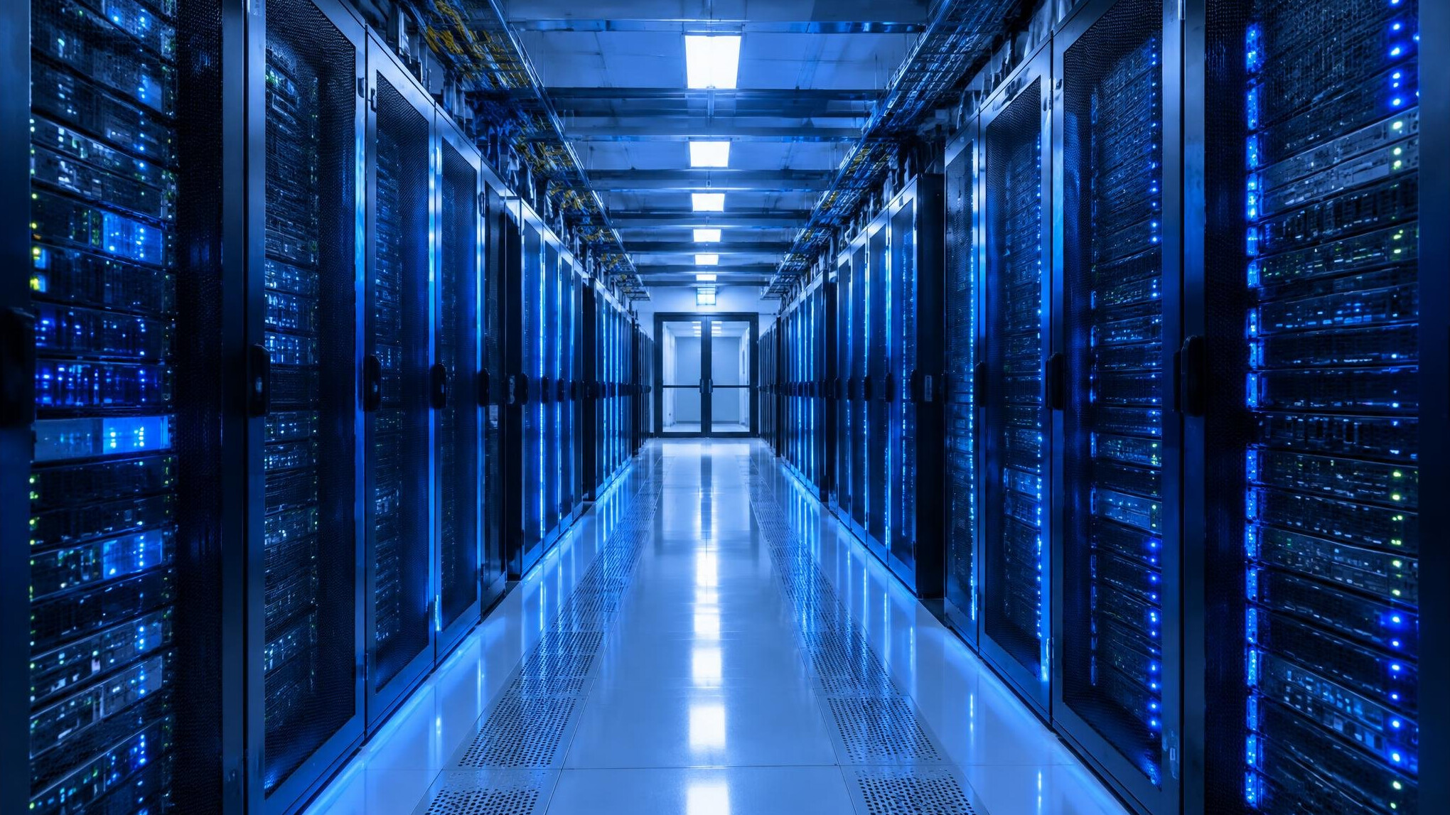Server room with rows of data racks lit by blue light