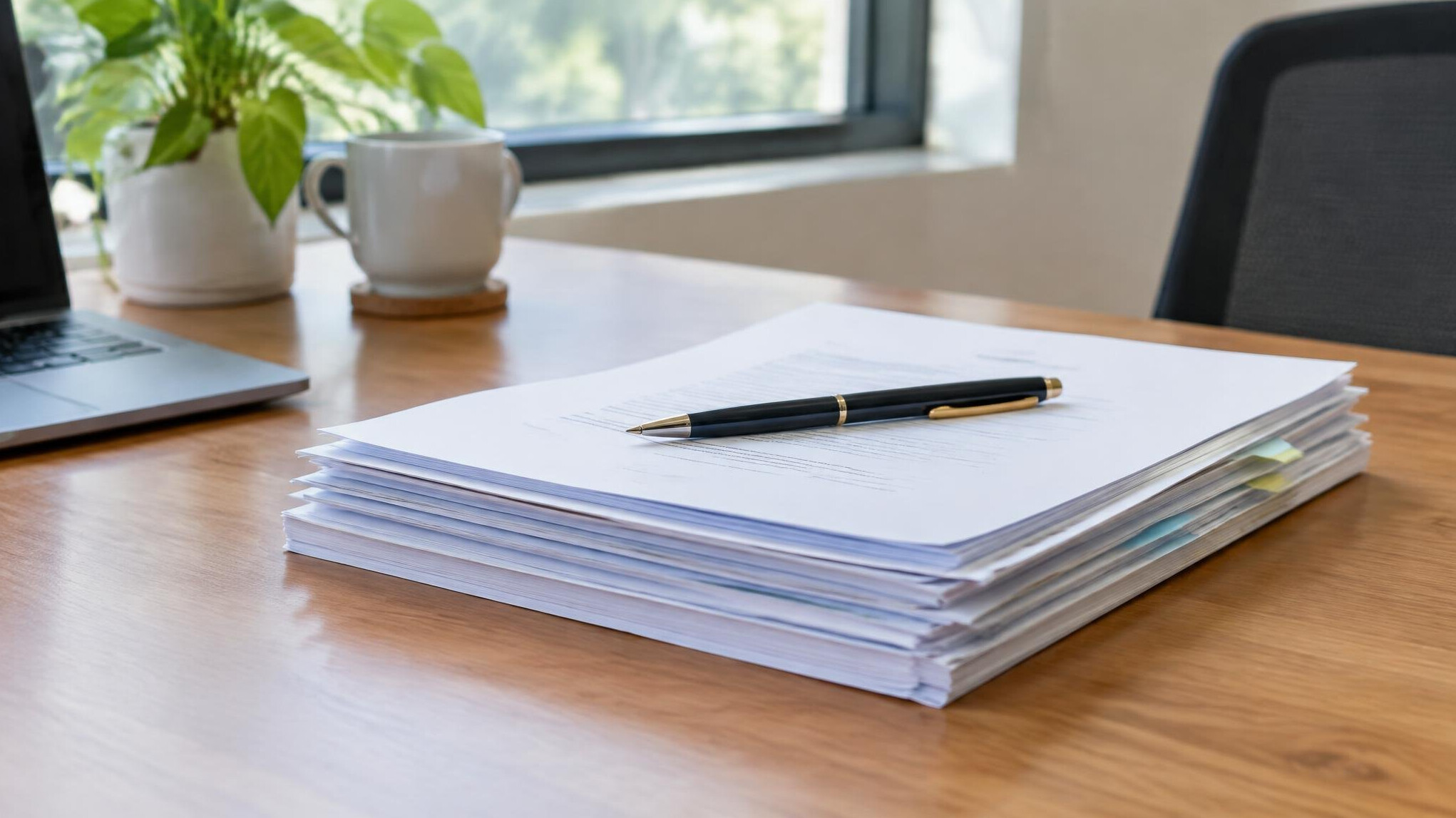 Stack of documents and a pen on an office desk