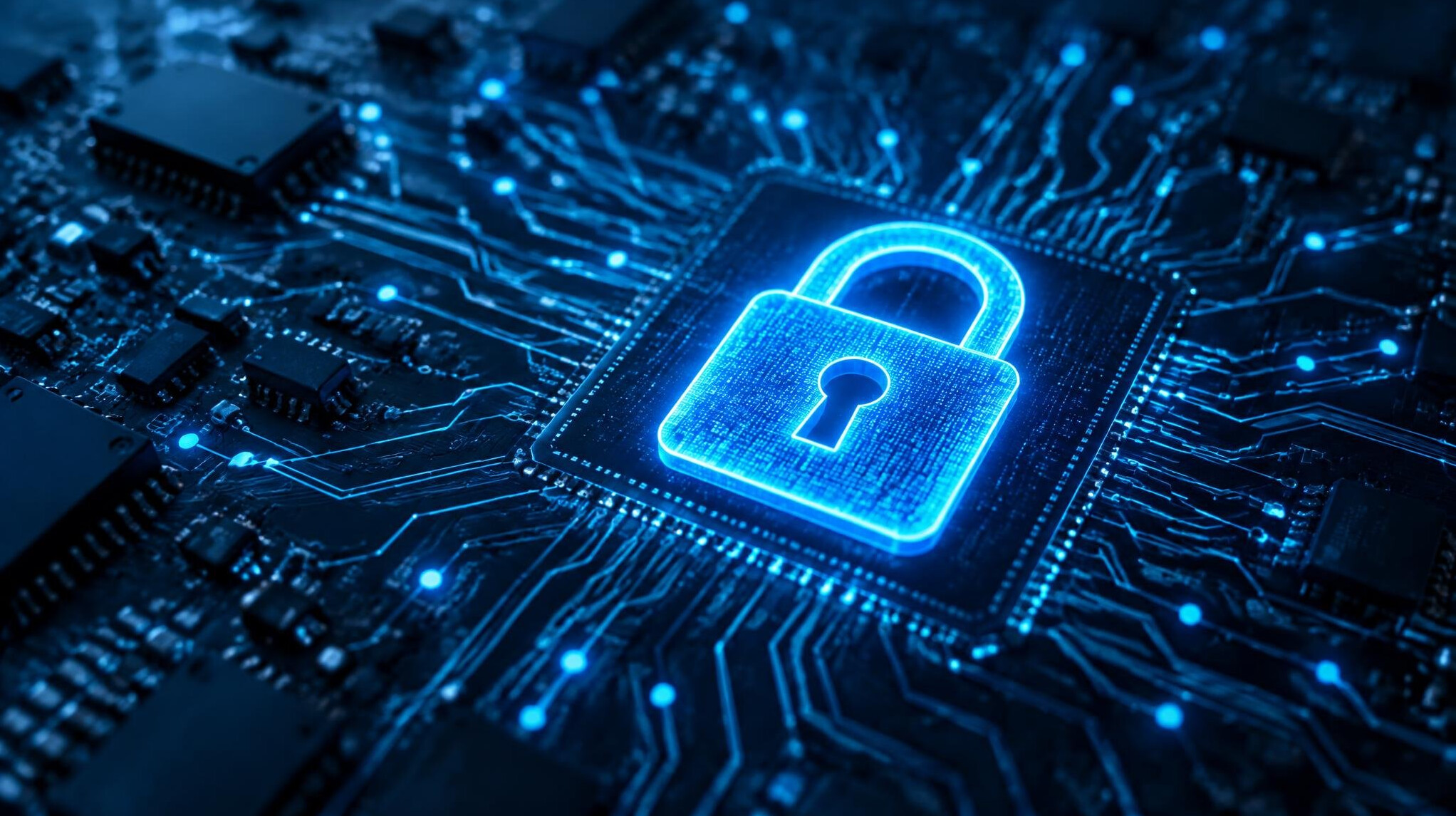 Padlock icon glowing over a circuit board representing cybersecurity