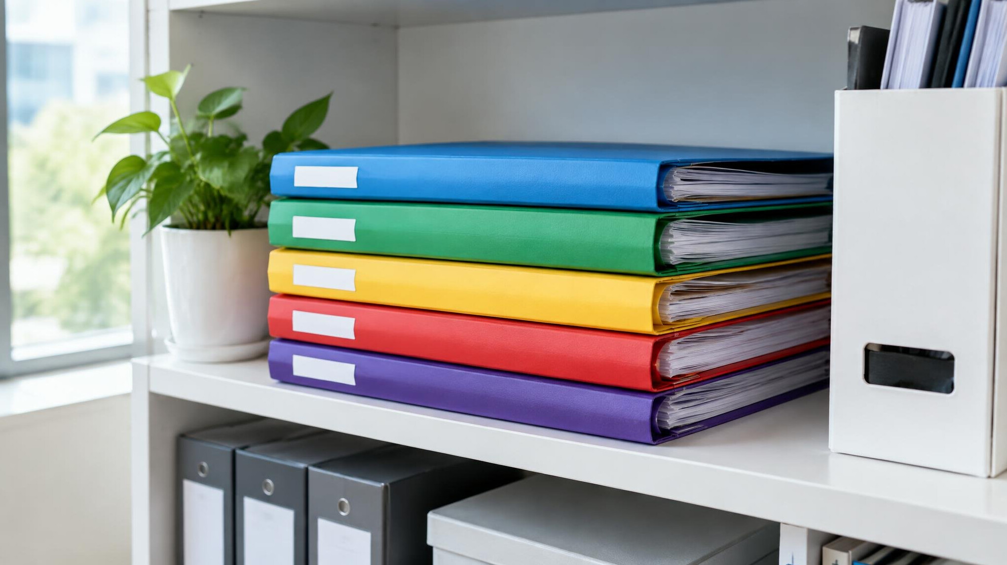 Stack of folders and documents on an office shelf