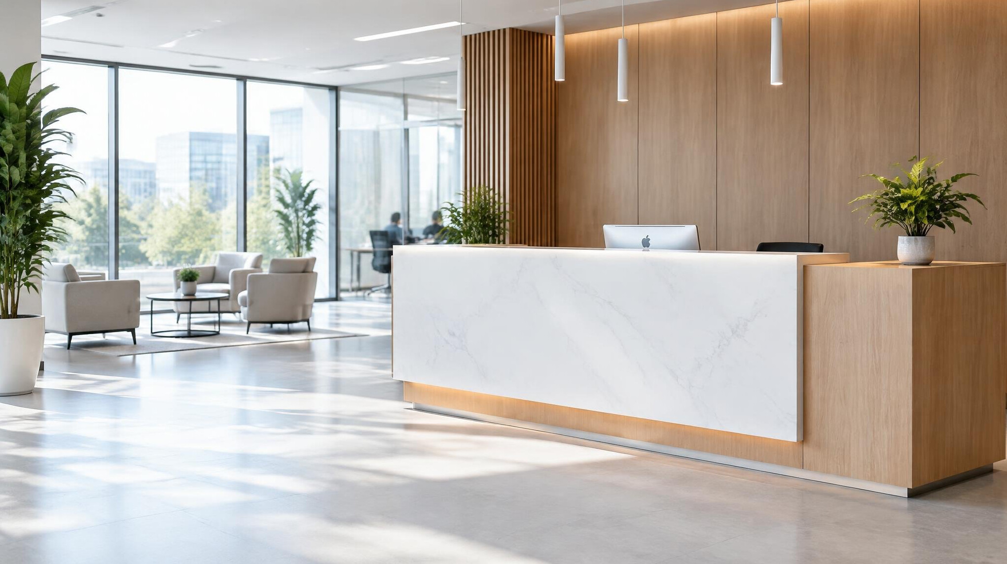 Bright modern office reception desk area