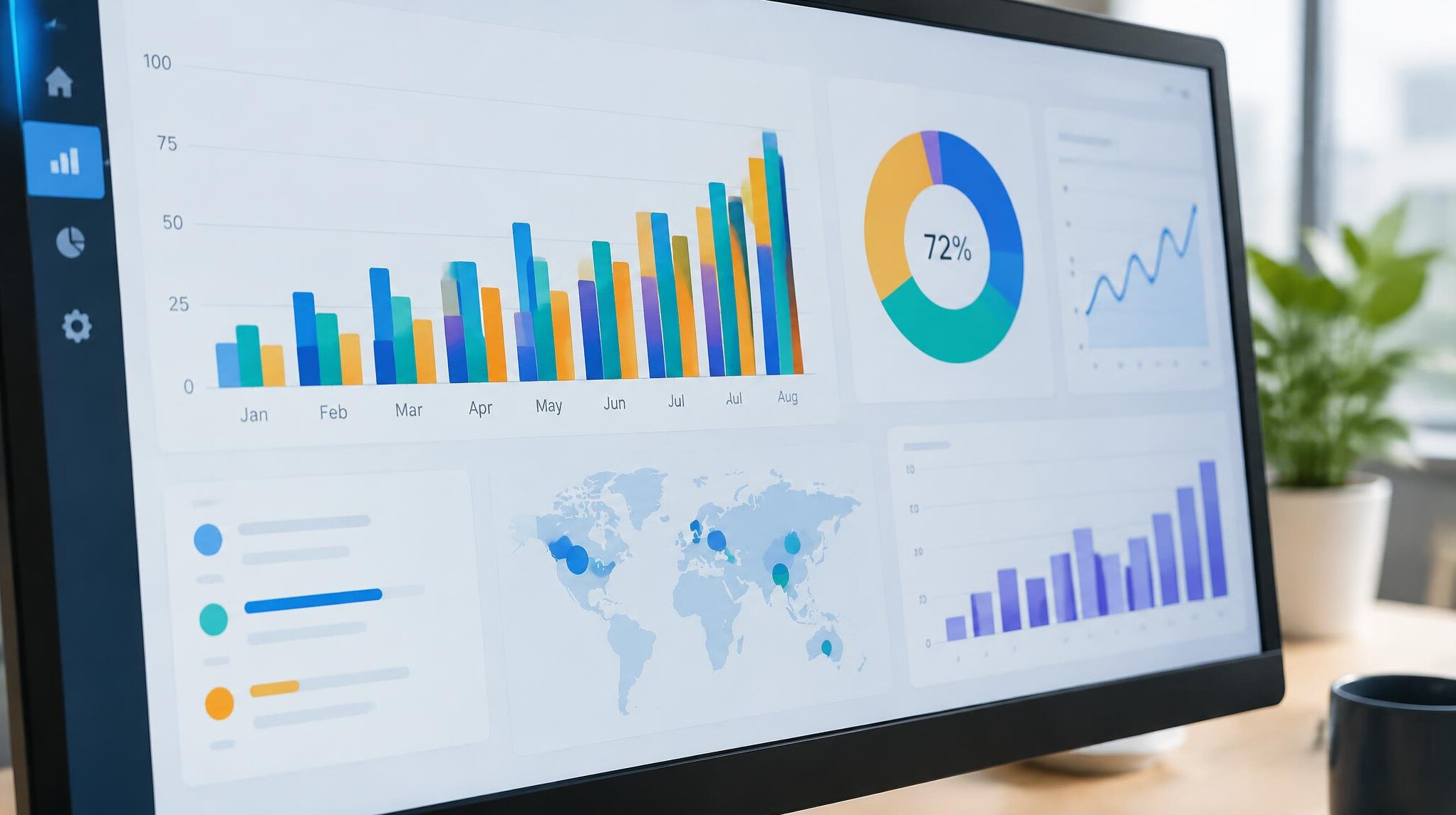 Close-up of an analytics dashboard with colorful charts on a screen
